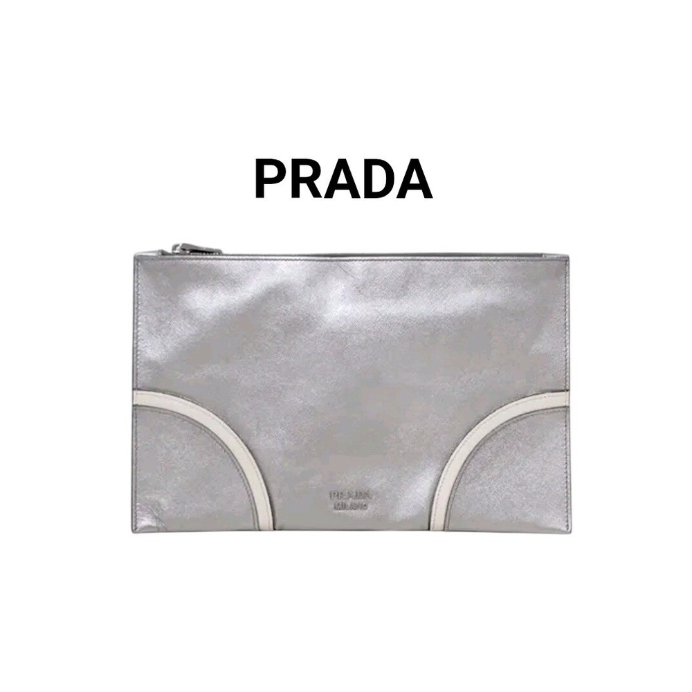 Prada Milano Metallic Silver Saffiano Leather Zip Clutch Bag with COA Dustbag